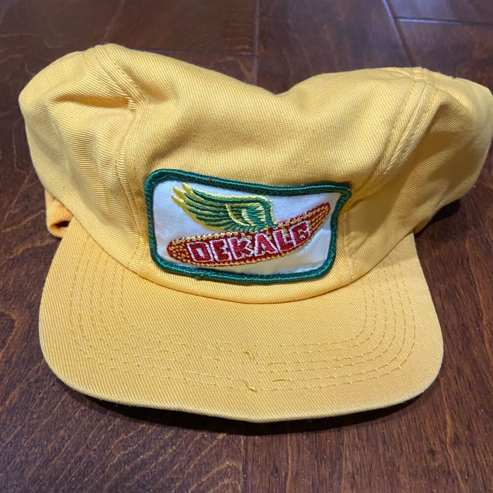 K Brand Vintage 80s Dekalb Farm Seed Yellow Green Fitted Cap Mens Size 7 1/4 - Picture 3 of 7